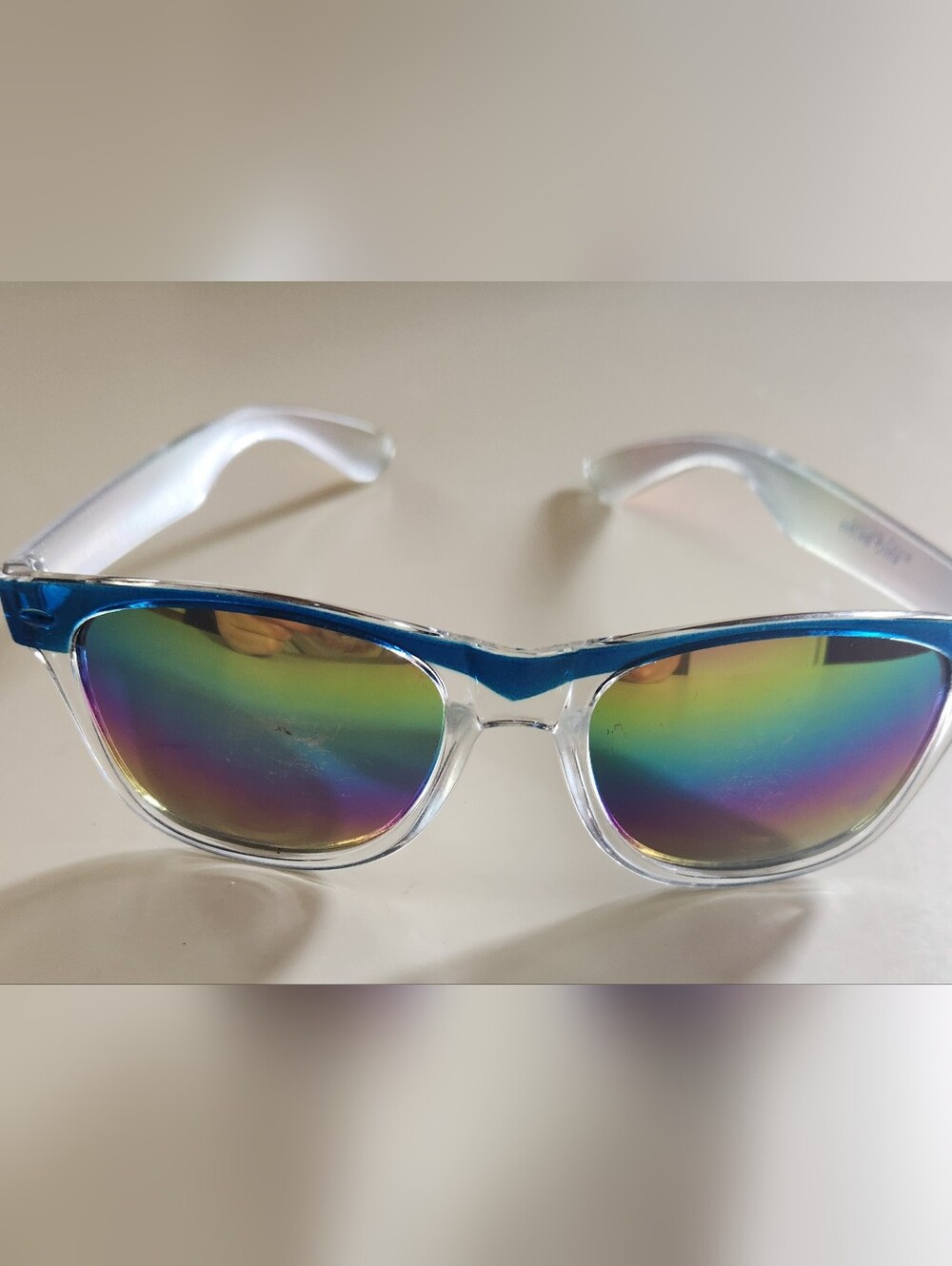 Kids Clear Frame Sunglasses with Blue Accents and Rainbow Mirrored Lenses